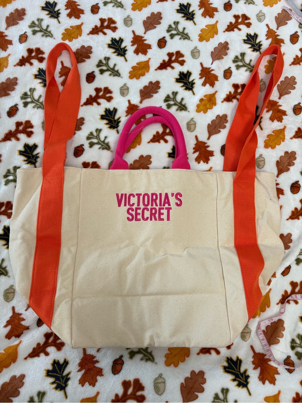 Victoria's Secret Cream Canvas Tote with Pink Logo and Orange Straps and Handles